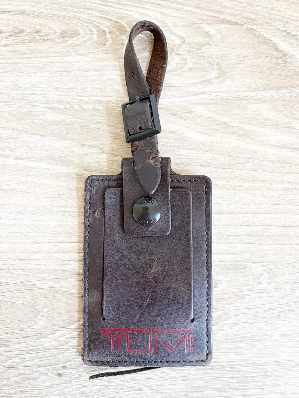 TUMI Brown Leather Luggage Tag Hang Tag Brown / Red Travel Adjustable READ